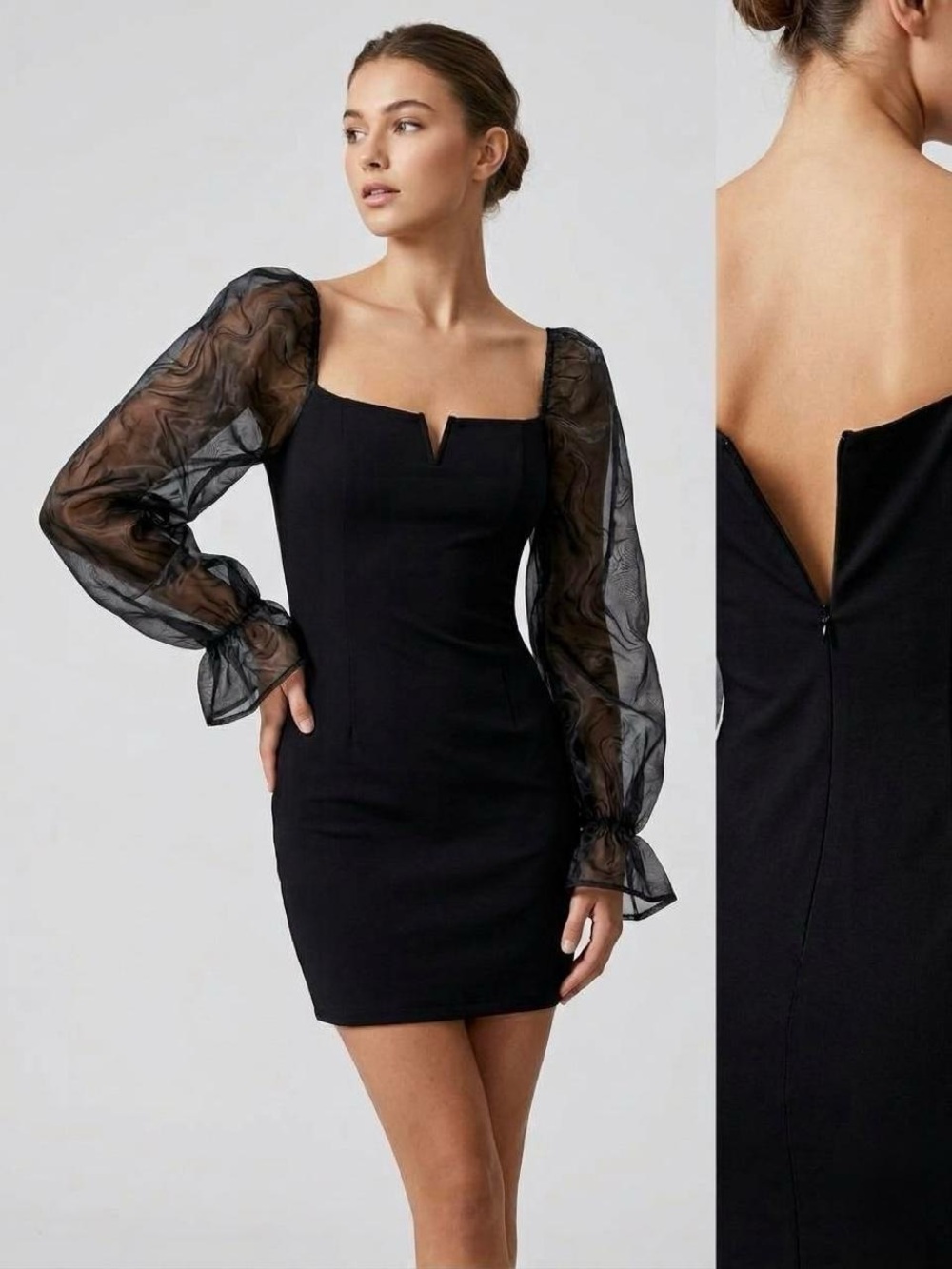 Black Sheer-Sleeve Square Neck Mini Black Dress